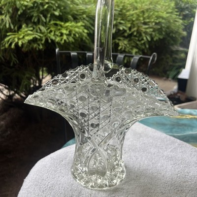 12'' VINTAGE LEAD CRYSTAL CUT GLASS BASKET BOWL VASE By L.E. Smith