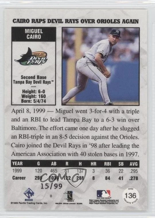 2000 Pacific Private Stock Gold Portraits /99 Miguel Cairo #136 - Image 2 of 2