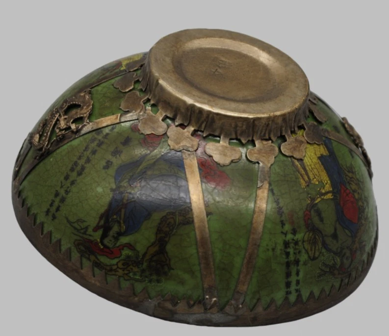 Cuenco de Esmalte Verde Chino Vintage Montaje Plateado Ocho Inmortales Dragón Porcelana Foto 4 de 4