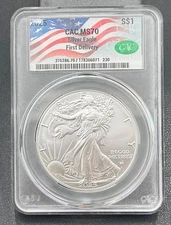 2025 Silver Eagle $1 1ozt. .999 Silver CAC MS 70, First Delivery Label