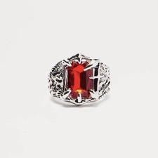 Anillo Piedra Roja Plata Hombres 8.5 Gótico Punk Terror Motociclista Garra Diente Color Rubí
