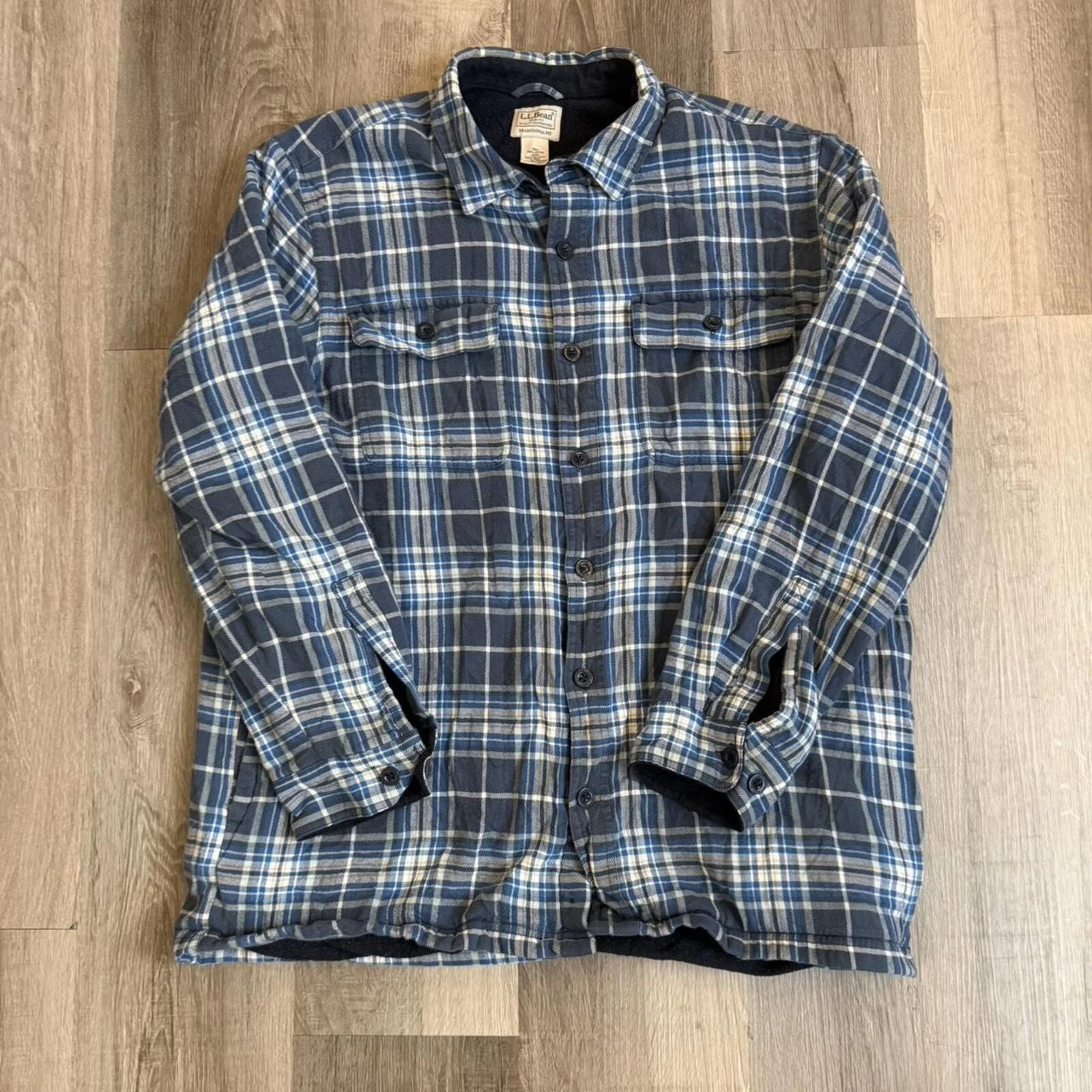 L.L.Bean blue plaid flannel shirt Size L fleece lined #flannel #outdoor