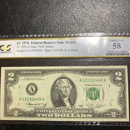 💎 1976 $2 DOLLAR Boston FRN PCGS 58 Choice A/U - Picture 2 of 3