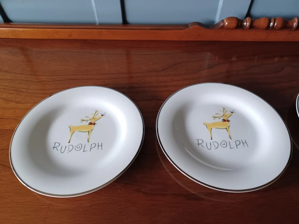 NIB 4 Pottery Barn Dessert Salad Plates, RUDOLPH! Silver Trim 8.5, Retired - Image 2 of 4