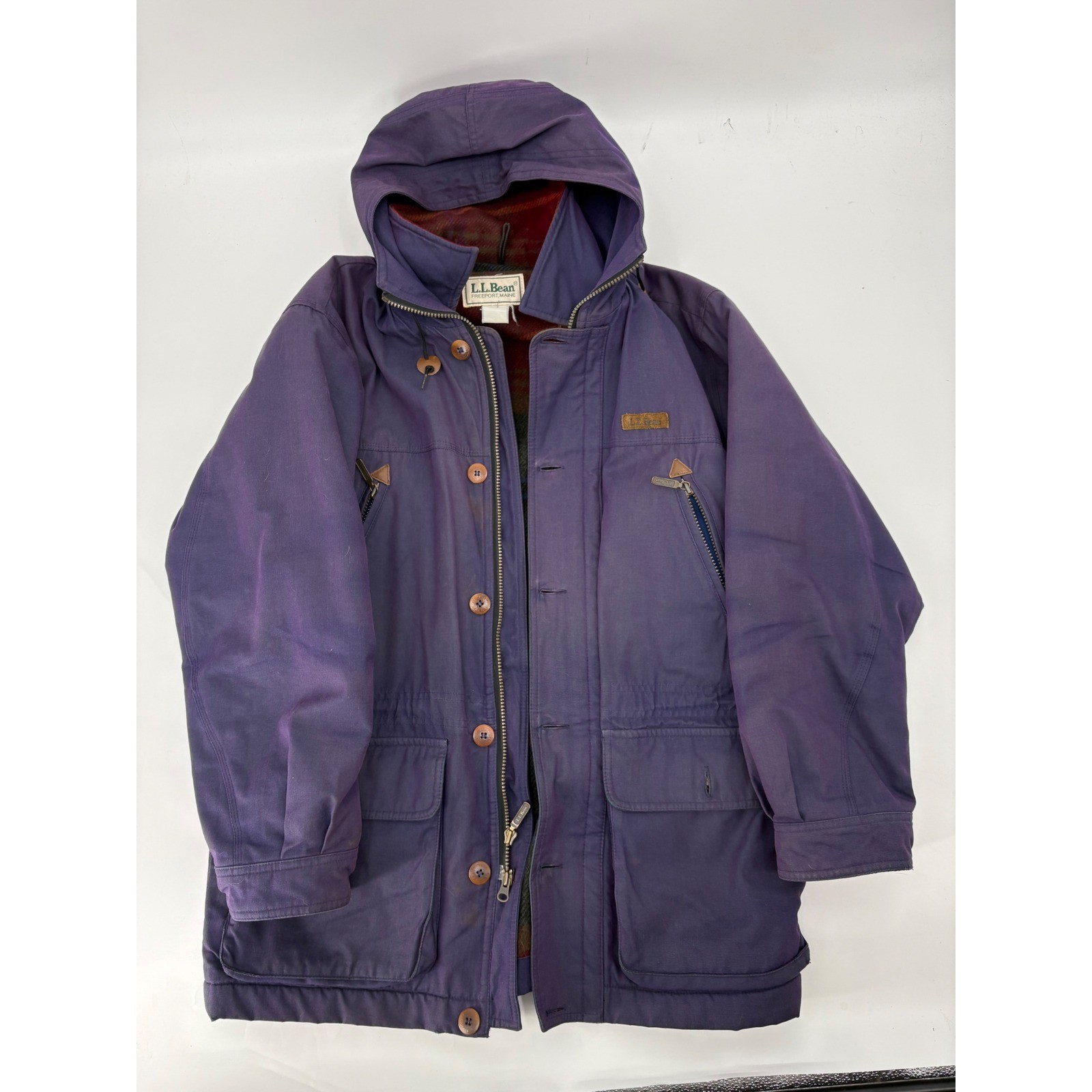LL Bean Vintage Purple Field Coat Plaid Lined Hooded Canvas Jacket Mens Large