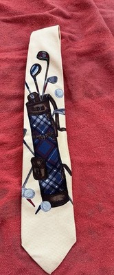 Michael Jacobs Collection Silk Necktie Golf Clubs Bag Novelty Cream Yellow