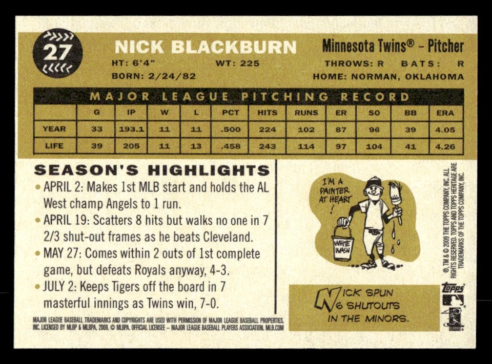 2009 Topps Heritage #27 Nick Blackburn Card Minnesota Twins - Image 2 of 2