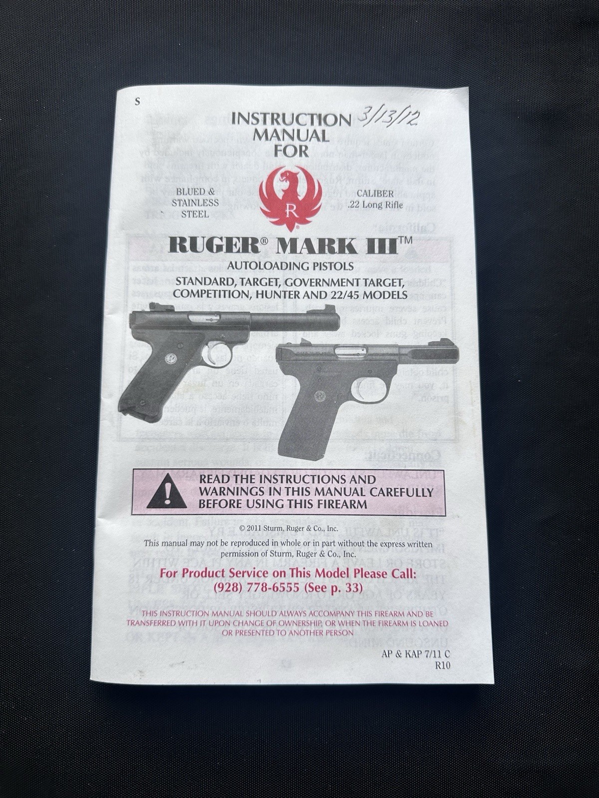 2011 Ruger Mark III Pistol Standard Target Govt Hunter 22/45 Instruction Manual