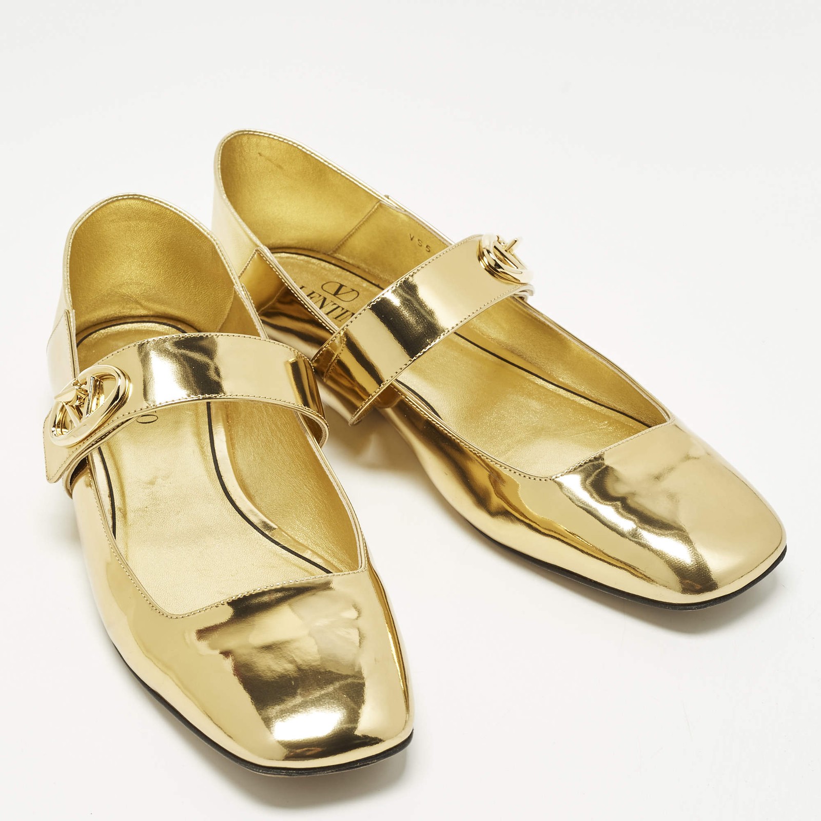 Valentino VLogo Size 40 Gold Leather and Patent Leather MaryJames Ballet Flats thumbnail 4