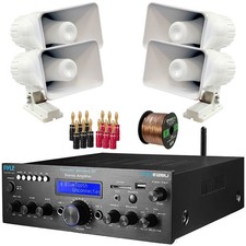 Pyle PDA612BU.5 Home Audio Receiver, 4x 6'' 50W PA Horn Speakers, Banana Plugs