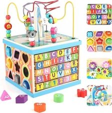 Qilay Wooden Activity Cube for Toddlers, 5 in 1 Multipurpose ABC-123 Abacus...