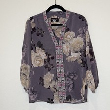 Johnny Was Workshop Paris Effortless 100 Silk Purple Floral Blouse Size XS EUC