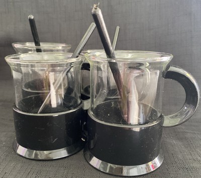 Bodum Glass Coffee Cups Mugs 1/2 Black Plastic With Spoons UK