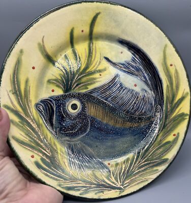 Vintage 1950 DIAZ COSTA Silver & Gold Accents 10'' Handmade Fish Plate SPAIN