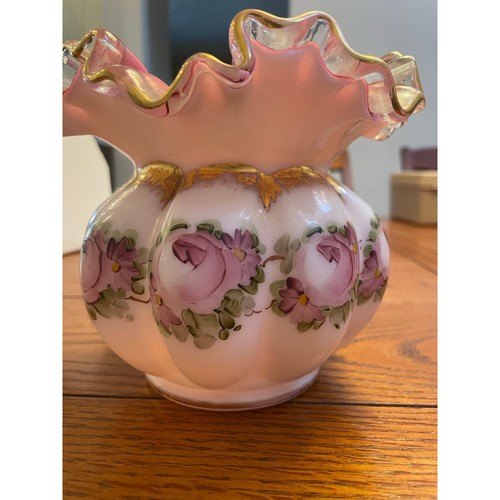 Fenton Melon Ball Charleston Pink Roses Vase Crimped Ruffle Edged Vintage - Picture 2 of 10