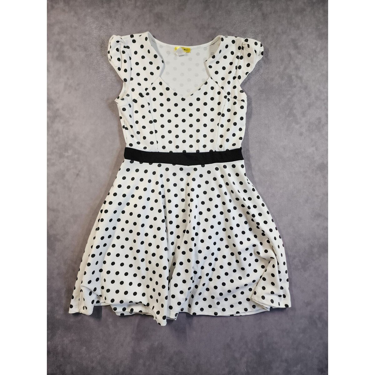 ModCloth Yellow Star Dress Size Large White Black Polka Dot Keyhole Cap  Sleeve | eBay