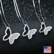 Women 925 Sterling Silver Crystal Necklace 3D Hollow Butterfly Pendant 0194