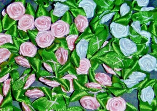 Ribbon Roses Pink and White 50 Satinc Applique Trim Sewing Bow Craft