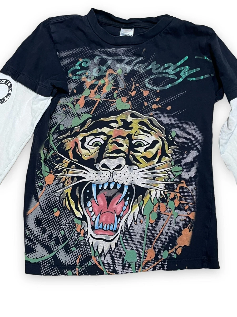 Ed Hardy KIDS Vintage Tattoo Sleeves Long Sleeve TIGER Y2K Shirt Sz S (6-8)