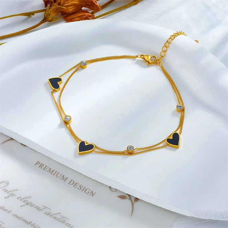 Cadena de acero inoxidable con tobillera de corazón en capas para mujer con tema de amor joyería para pies Foto 3 de 4