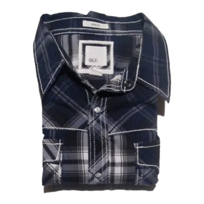 BKE Pearl Snap Western Shirt Mens XL Slim Long Sleeve Navy Blue Brown Rockabilly