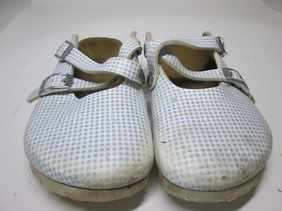 Birki's Youth Girls Size 1/29 Flat Shoes White/Blue Plaid Buckle Closure Logo