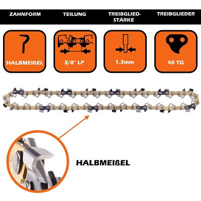 3 Saw Chains 3/8'' 1.3mm 40TG 25cm Half Chisel for Scheppach CSP2540