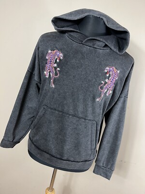 EPTM S Small Hoodie Sweatshirt Mens Gray Embroidered Tiger Rare Pocket L/S B1