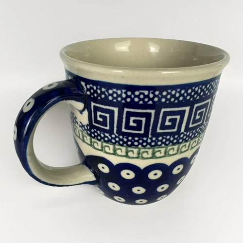 Polish Boleslawiec Pottery Mug 12 oz Cobalt Blue Green Hand Made In Poland