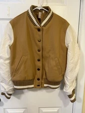 DOLAN Left Coast Collection Women's Beige/White Varsity Bomber Jacket, Size M