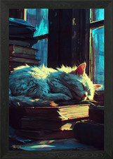 Cat Nap on Books by Window Framed Wall Art Poster Canvas Print Picture