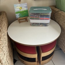 NURSERY QUALITY CHILDRENS  TABLE AND 4 STORAGE STOOLS SOLID WOOD