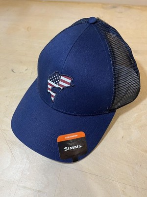 Simms Hat Cap Snap Back Blue USA Catch Trucker Mesh Low Crown Mens Fishing
