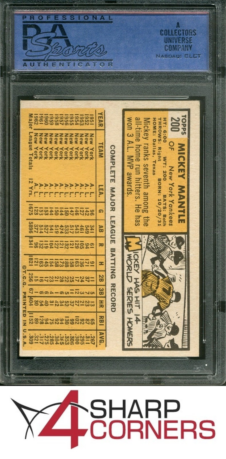 1963 TOPPS #200 MICKEY MANTLE YANKEES HOF PSA 7 view 2