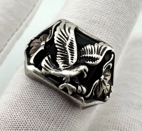 Men's Black Hills Gold Sterling Silver Ring Eagle Size 13.5 Vintage 8.5g AS IS