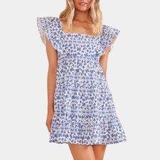 MINKPINK Ithica Ruffled Blue White Mini Design Dress Size Extra Small Flawed