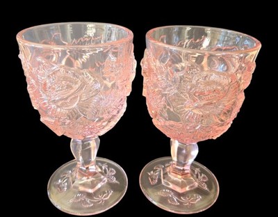 Set 2 Madonna Inn Pink Rose Small Goblets 5'' Pressed Glass L.E. Smith 1980s USA
