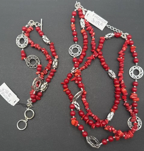 Premier Designs Set Necklace Bracelet Firecracker Red Silver Tone 18” 7.50 J40