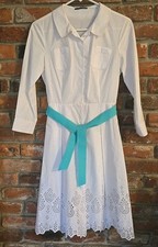 Tahari Womens Eyelet Shirt Dress Sz S White Cotton 3/4 Sleev