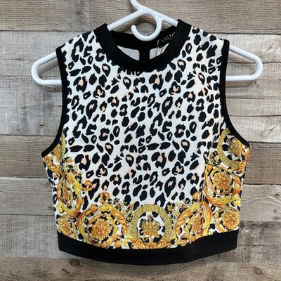 Valiant Paris Womens Leopard Baroque Gold Crown Crop Top WCKT1314 White Multi L