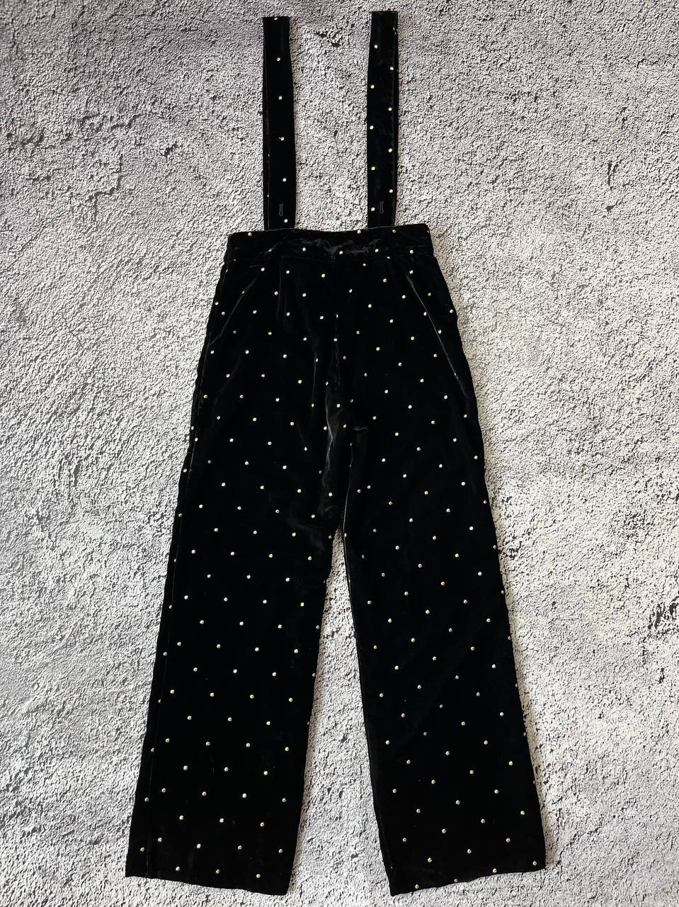 Sézane Black Velvet Gold Polka Dot Suspender Trousers High Waist Size 36 EU