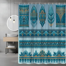 Boho Teal Floral Shower Curtain, Aztec Leaf Border Print
