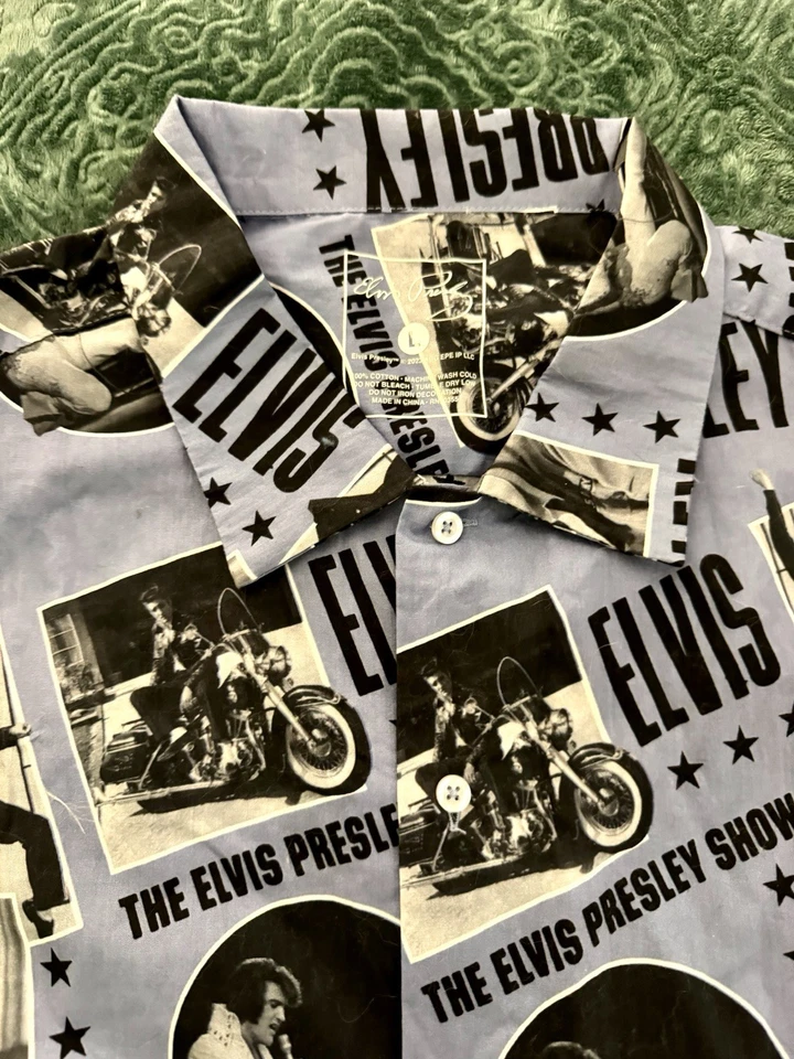 Camisa de Campamento Elvis Presley Unisex Nueva con Etiquetas Azul Periwinkle con Elvis Vintage Retro Lk Lg Foto 4 de 4