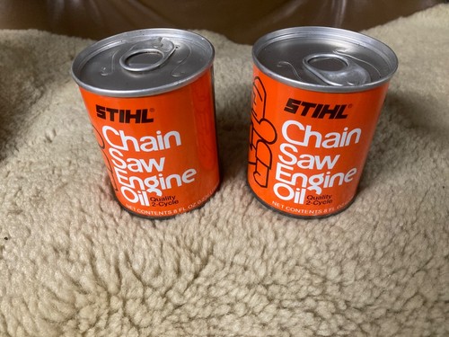 TWO Vintage Stihl NOS Chain Saw Engine Oil 8oz Full Metal Cans, Factory Sealed