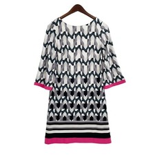 Eliza J Gray Geometric Print Pink Trim 3/4 Sleeve Dress Womens Size 4 Classic