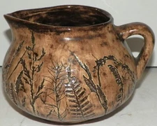 Kathy Devlin Art Pottery Pitcher Creamer Vase Creamer Rustic Leaf Design Signed