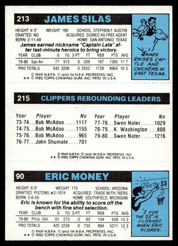 1980-81 Topps James Silas/Swen Nater/Eric Money #213/215/90 - Picture 2 of 2