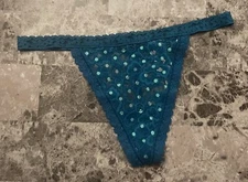 NWT VICTORIA'S SECRET TURQUOISE BLUE AQUA POLKA DOT LACE V STRING THONG PANTIES