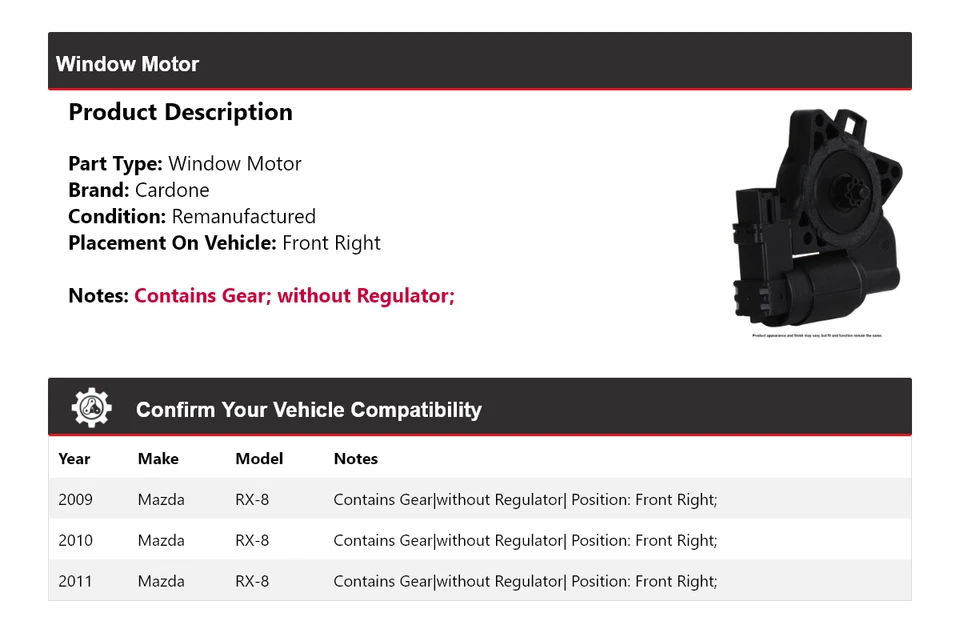 Para Mazda RX-8 2009-2011 Ventana Motor Delantero Derecho Cardone 2010 Foto 2 de 4