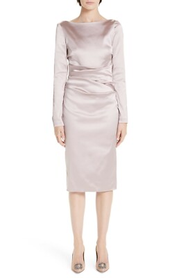 TALBOT RUNHOF Pink Bow Back Ruffle Ruched Duchess Satin Sheath Dress 44 = 14 US